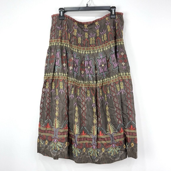Kenzie Skirt Women's 12 Floral Metallic VTG 100% Silk Boho‎ Festival Pleated - Picture 1 of 12